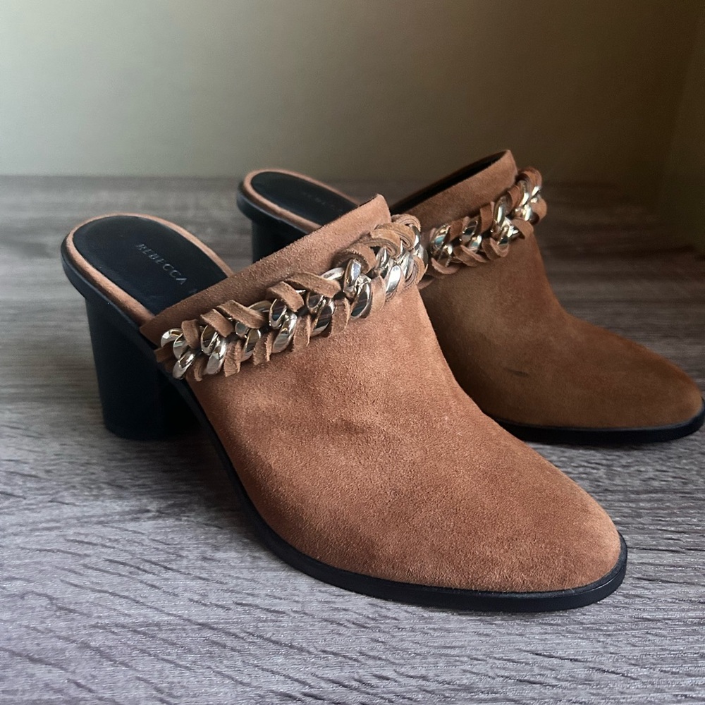 Rebecca Minkoff Tan Brown Suede Mules with Gold Chain, Size 7